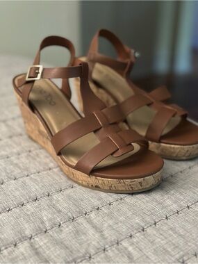 me too Brown Cork Wedge Sandals with Ankle Strap